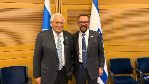 Former US Ambassador to Israel David Friedman with American pastor Larry Huch at the Knesset's Christian Allies Caucus. Credit: Courtesy, October 21, 2025.