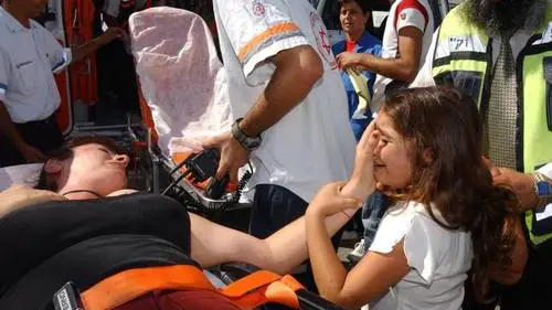 Click photo to download. Caption: An Israeli woman patting her crying daughter after a Qassam rocket fired by Palestinian terrorists hit the center of the embattled southern town of Sderot on March 9, 2001. Credit: Edi Israel via Wikimedia Commons.