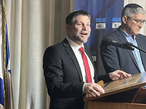 Israeli Finance Minister Bezalel Smotrich addresses Jewish and Christian pro-Israel activists at a Jerusalem reception hosted by the World Zionist Congress "Israel365 Action" slate, Oct. 27, 2025. Photo by Josh Hasten.