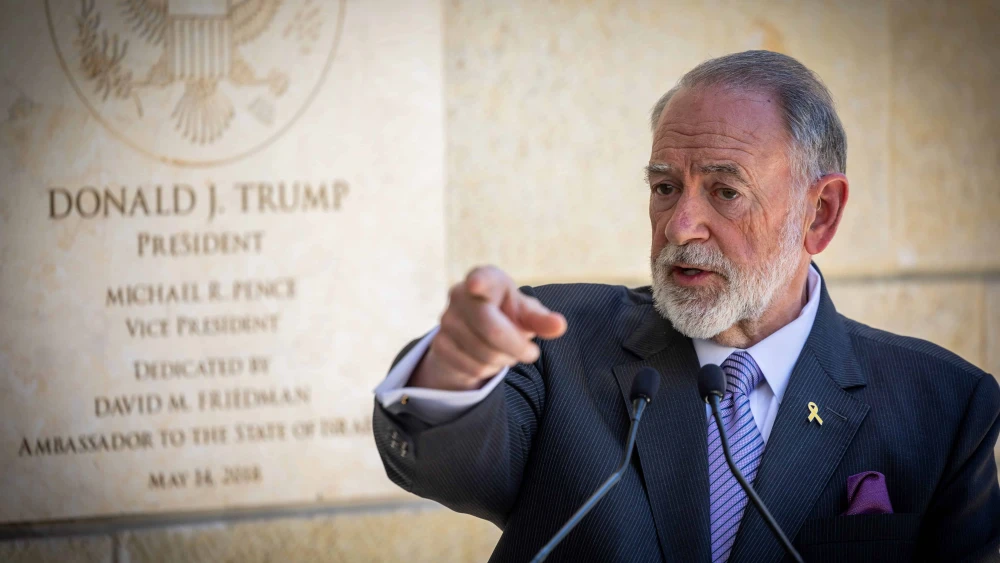 Ambassador to Israel Mike Huckabee holds a press conference at the U.S. embassy in Jerusalem, May 9, 2025. Photo by Oren Ben Hakoon/Flash90.