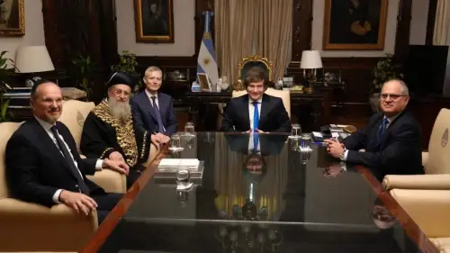 The Sephardi Chief Rabbi of Israel David Yosef accompanied by Israeli Ambassador to Argentina Eyal Sela meets with Argentinian President Javier Milei at the Casa Rosada in Buenos Aires on Tuesday. Courtesy Argentinian President's office, November 11, 2025.