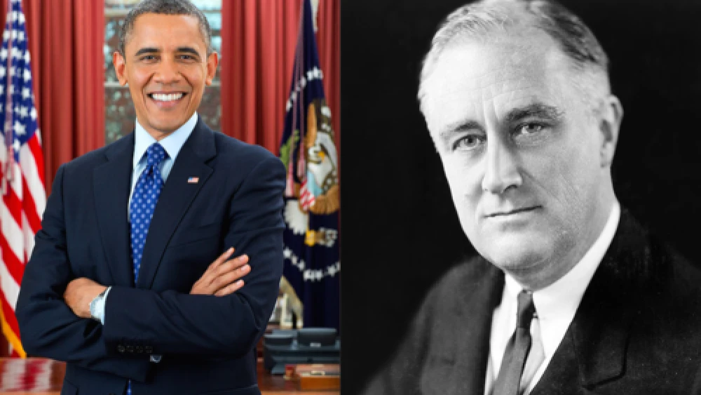 Presidents Barack Obama and Franklin D. Roosevelt. Rafael Medoff compares the Obama administration's reluctance to support pro-democracy protesters in Hong Kong to the Roosevelt administration's maintaining of normal relations with Nazi Germany despite Hitler’s treatment of the Jews. Credit: White House and Elias Goldensky.