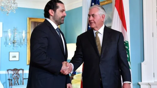 U.S. Secretary of State Rex Tillerson (right) shakes hands with Lebanese Prime Minister Saad Hariri before their bilateral meeting in Washington, D.C., on July 26, 2017. Credit: U.S. State Department.