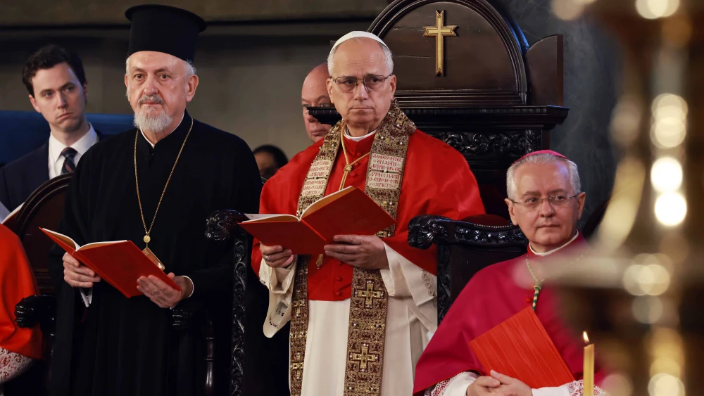Pope Leo XIV performs liturgy at the Patriarchal Church of Saint George in Istanbul, Turkey, as part of a six-day visit to Turkey and Lebanon, drawing attention to regional issues, Nov. 30, 2025. Photo by Chris McGrath/Getty Images.