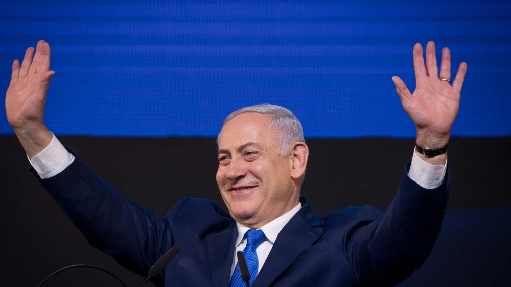 Israeli Prime Minister Benjamin Netanyahu celebrates at the Likud Party headquarters in Tel Aviv after the announcement of the election results on April 9, 2019. Photo by Yonatan Sindel/Flash90.