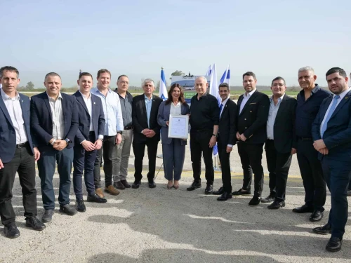 Brnjamin Netanyahu, 8th from left, and Miri Regev meet with community leaders in Kiryat Shmona, Israel on Feb. 1, 2026,. Photo credit: GPO.