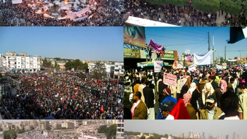 A collage of "Arab Spring" protests. Top right: Tunis, Tunisia. Middle left: Al-Bayda, Libya. Middle-right: San'a, Yemen. Bottom left: Hama, Syria. Bottom right: Karrana, Bahrain. Credit: Wikimedia Commons.