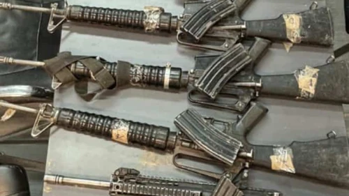 Assault rifles that were seized after a drone was shot down by the Israel Defense Forces near the Egyptian border, Jan. 29, 2025. Credit: IDF.