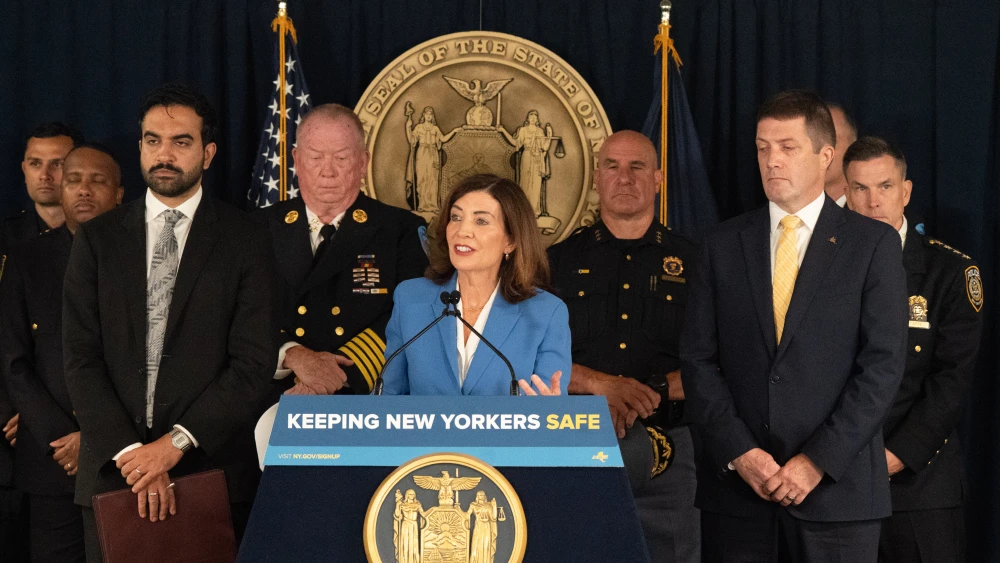 New York Gov. Kathy Hochul speaks at a press conference about federal funding for counterterrorism, New York City, Sept. 1, 2026. Credit: Office of Gov. Kathy Hochul.