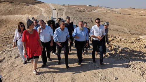 Israeli lawmakers tour an illegal Palestinian city being constructed in the Judean Desert south of Jerusalem, Sept. 21, 2023. Credit: Courtesy.