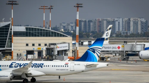 An Airbus 320 belonging to Egyptair airline lands for the first time in a commercial flight, at the Ben-Gurion Airport near Tel Aviv on Oct. 3, 2021. Photo by Yossi Zeliger/Flash90.