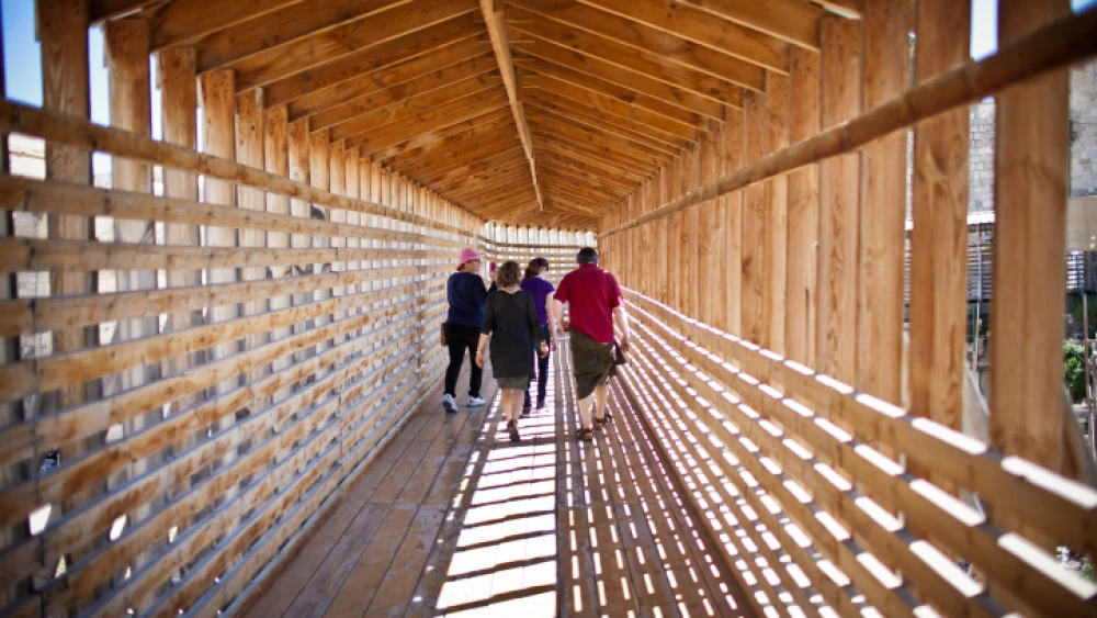 A wooden footbridge leads up from the Western Wall to the Temple Mount in the Old City of Jerusalem, April 17, 2012. Photo by Noam Moskowitz/Flash90.