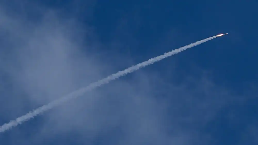An anti-missile system fires interception missiles as rockets fired from Lebanon, near the Israeli border with Lebanon, Oct. 13, 2024. Photo by Ayal Margolin/Flash90.