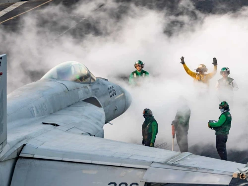 A U.S. fighter jet readies to lift off from the USS Harry S. Truman aircraft carrier for operations in the U.S. Central Command area of responsibility. Source: @CENTCOM/X.