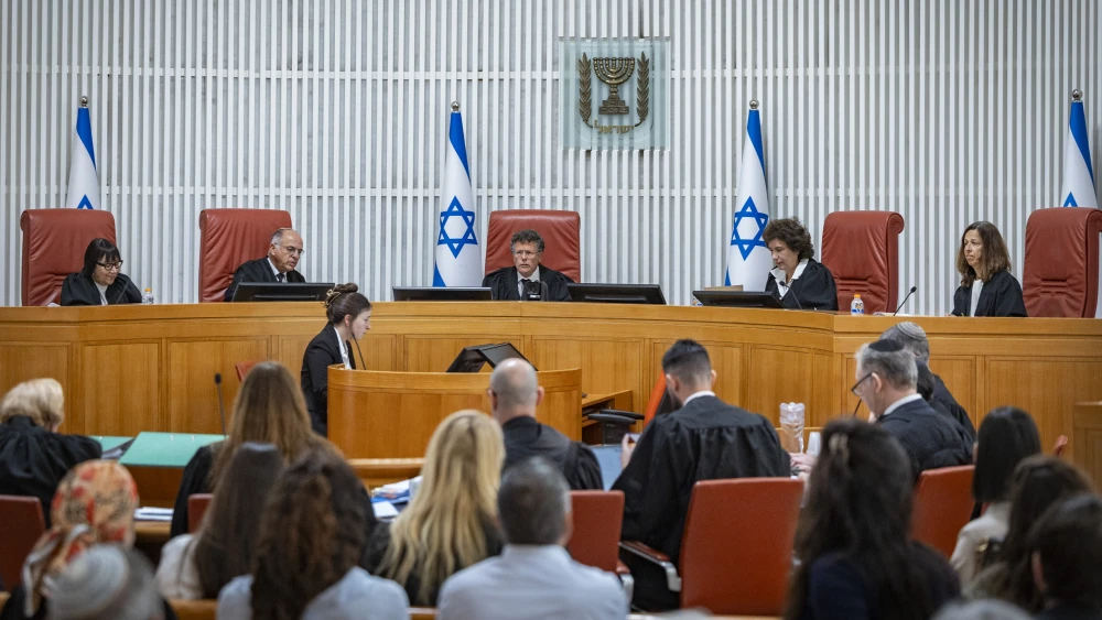 Supreme Court President Isaac Amit and Supreme Court justices arrive for a hearing at the Supreme Court in Jerusalem on petitions seeking to overturn the election of attorney Michael Rabello as State Comptroller, June 28, 2026. Photo by Chaim Goldberg/Flash90.