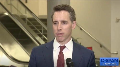 Sen. Josh Hawley (R-Mo.) talks to reporters in a “stakeout” after a confidential Senate Iran briefing on May 16, 2023. Credit: Screenshot.