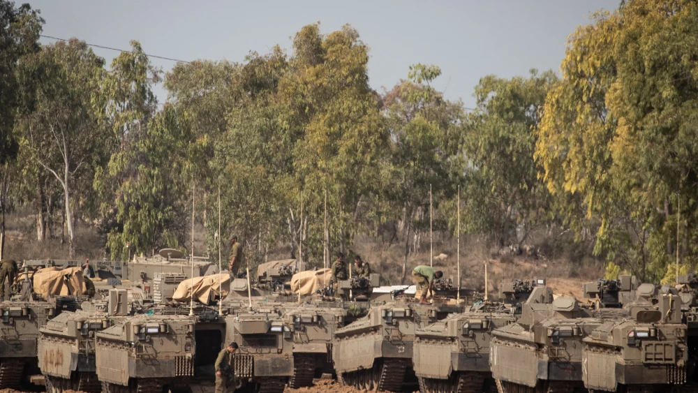 Israeli armored vehicles at a staging area in southern Israel near the border with the Gaza Strip on Nov. 13, 2019. Photo by Yonatan Sindel/Flash90.