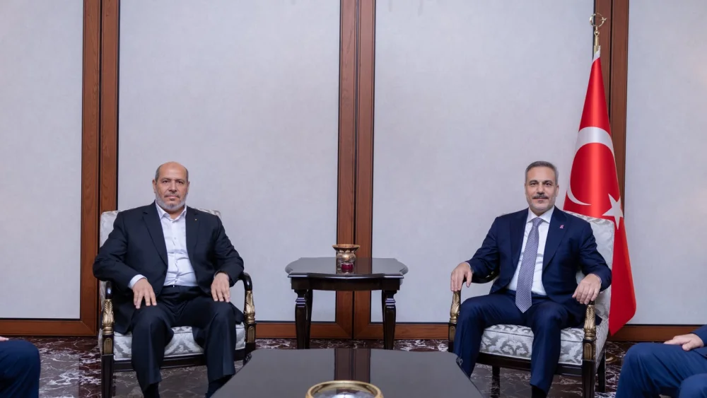 Turkish Foreign Minister Hakan Fidan (right) meets with a Hamas delegation headed by Khalil al-Hayya, chief of the terror group's "political" bureau, in Ankara, July 29, 2026. Credit: Courtesy of Turkey's Foreign Ministry.