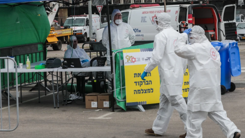 The Israeli Magen David Adom national emergency service at a coronavirus testing complex in Bnei Brak on April 1, 2020. Photo by Yossi Zamir/Flash90.