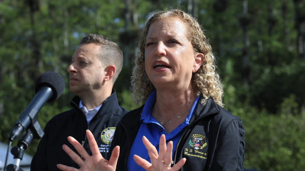 Reps. Jared Moskowitz (D-Fla.) and Debbie Wasserman Schultz (D-Fla.) speak to the media before a visit to "Alligator Alcatraz" at the Dade-Collier Training and Transition Airport in Ochopee, Florida, on July 12, 2025. Photo by Joe Raedle/Getty Images.