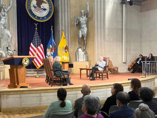 Eugene Bergman speaking at the U.S. Department of Justice, 14 May, 2025. Credit: Andrew Bernard