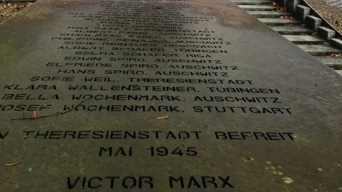 At the “synagogenplatz” (synagogue plaza) in Tübingen, Germany, a memorial to the local synagogue that was destroyed during Kristallnacht. Credit: Orit Arfa.