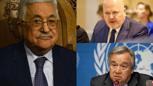 P.A. chief Mahmoud Abbas (left), ICC Prosecutor Karim Ahmad Khan (top right) and U.N. Secretary-General António Guterres. Credit: Golden Brown/Shutterstock, Dutch Ministry of Foreign Affairs, U.S. Mission Geneva.