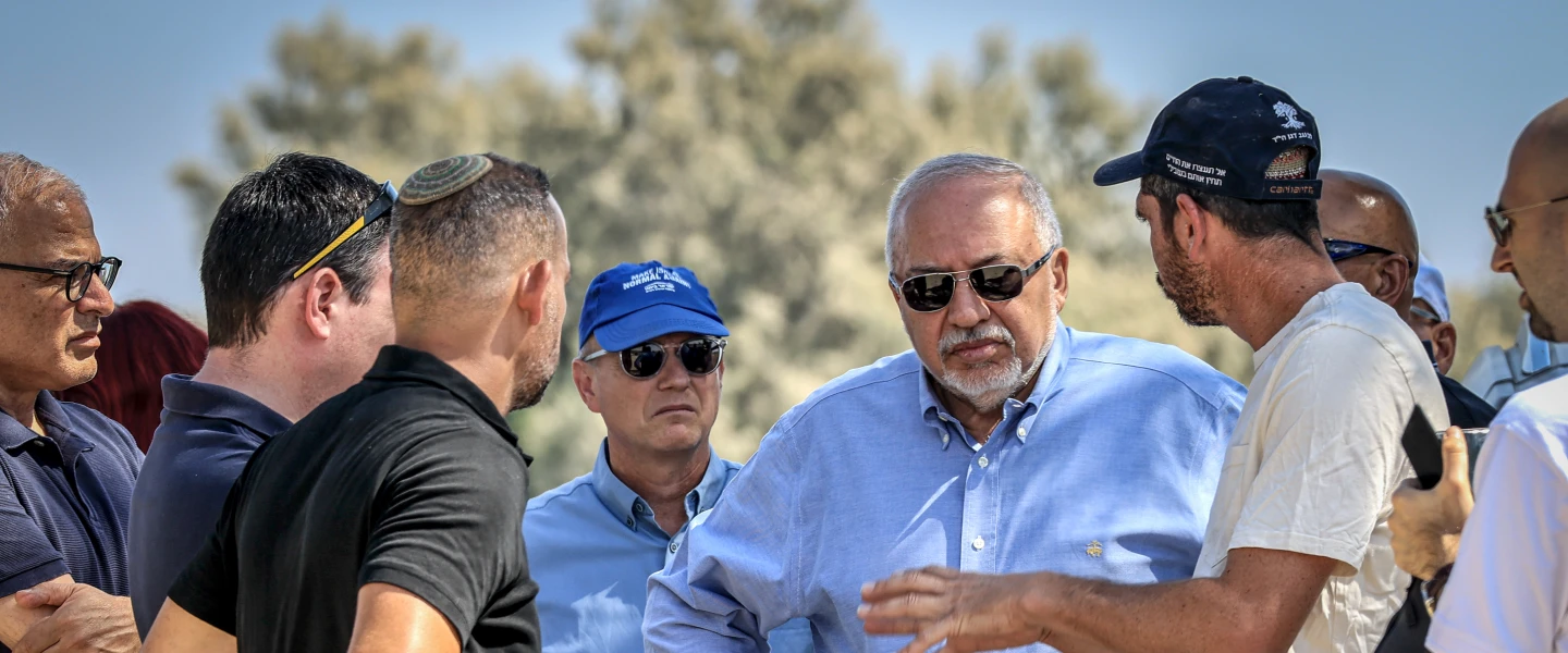 Yisrael Beiteinu leader Avigdor Liberman and members of his party during a visit to the Kerem Shalom crossing to Gaza and Egypt, Aug. 12, 2026. Photo by Tsafrir Abayov/Flash90.