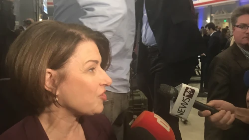 Sen. Amy Klobuchar (D-Minn.) speaks to reporters at the Charleston Gaillard Center in Charleston, S.C., following the Democratic presidential debate on Feb. 25, 2020. Credit: Jackson Richman/JNS.