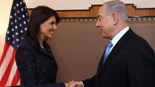 U.S. Ambassador to the United Nations Nkki Haley warmly greets Israeli Prime Minister Benjamin Netanyahu at the United Nations. Credit: Haim Zach/GPO.