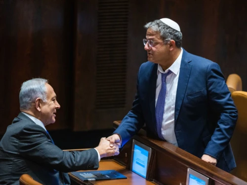 Israeli Prime Minister Benjamin Netanyahu and National Security Minister Itamar Ben-Gvir at the Knesset in Jerusalem. Photo by Olivier Fitoussi/Flash90.
