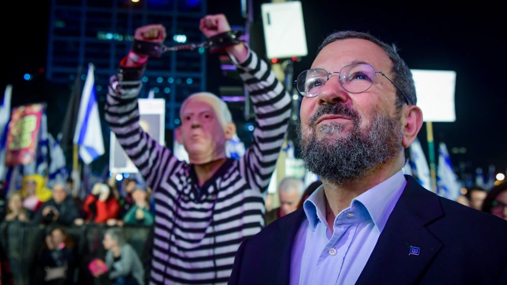 Former Prime Minister Ehud Barak at a protest in Tel Aviv against the Israeli government's planned judicial reform, Feb. 25, 2023. Photo by Avshalom Sassoni‎‏/Flash90.