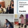 Clockwise from top right: The Platinum Seal of Transparency awarded by Candid, the ELI on-stage program, and two photos showing therapy provided to families. Credit: Courtesy.