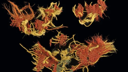 One of the textiles dyed with a red-and-blue pattern that was discovered in southern Israel’s Timna Valley. Israeli researchers say the textiles were used during the time of Kings David and Solomon. Credit: Dr. Naama Sukenik/Israel Antiquities Authority.