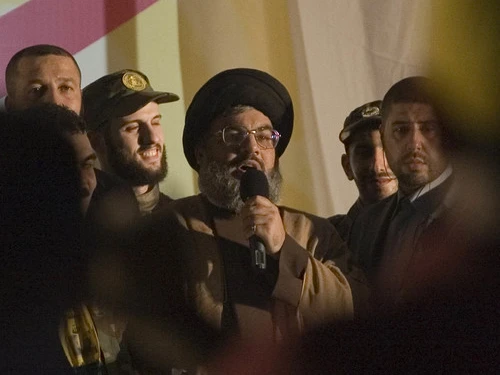 Hassan Nasrallah, then-leader of the Lebanese terrorist group Hezbollah, makes a rare public appearance in a suburb of Beirut in July 2008. Photo by Ferran Queved/Flash90.