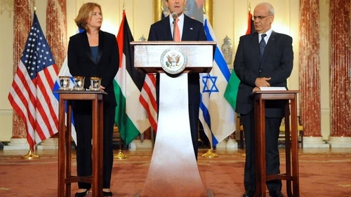 U.S. Secretary of State John Kerry, Israeli Justice Minister Tzipi Livni, and Palestinian Chief Negotiator Saeb Erekat address reporters on the Israeli-Palestinian conflict negotiations at the U.S. Department of State in Washington, D.C., on July 30, 2013. Credit: U.S. State Department.