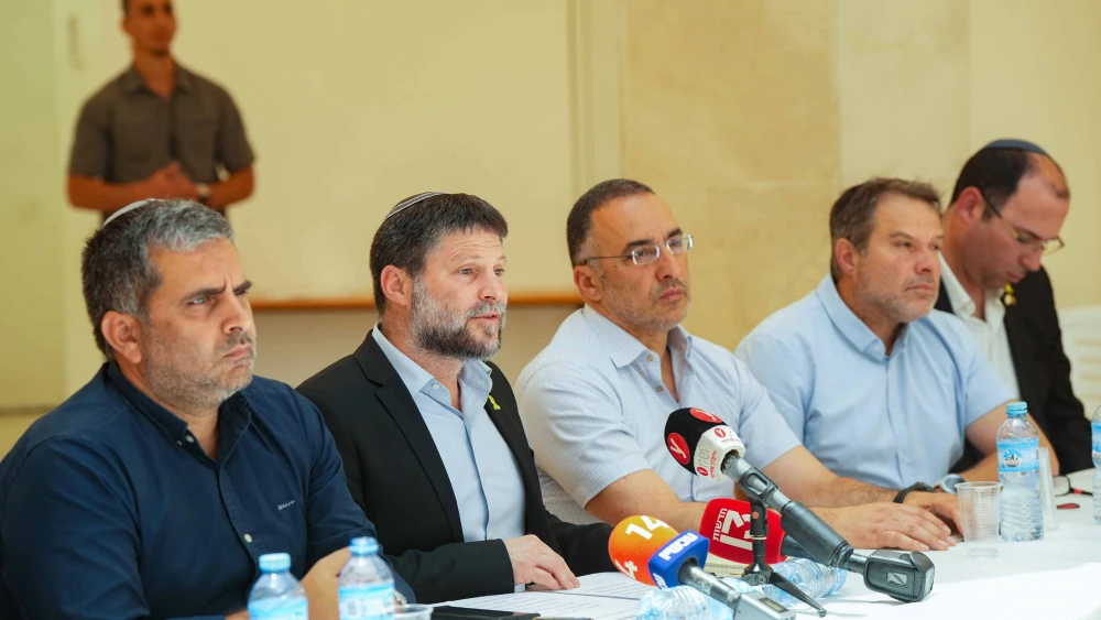 Israeli Finance Minister and head of the Religious Zionism Party Bezalel Smotrich leads a meeting of his party's MKs in northern Israel, on May 19, 2024. Photo by Ayal Margolin/Flash90.