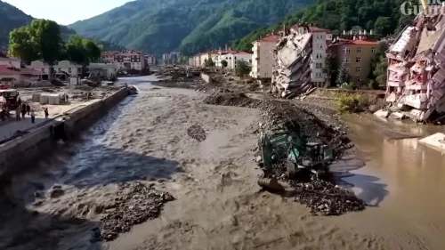 The aftermath of flooding in the town of Bozkurt in Turkey's Kastamonu Province in the Black Sea Region, August 2021. Source: Screenshot.