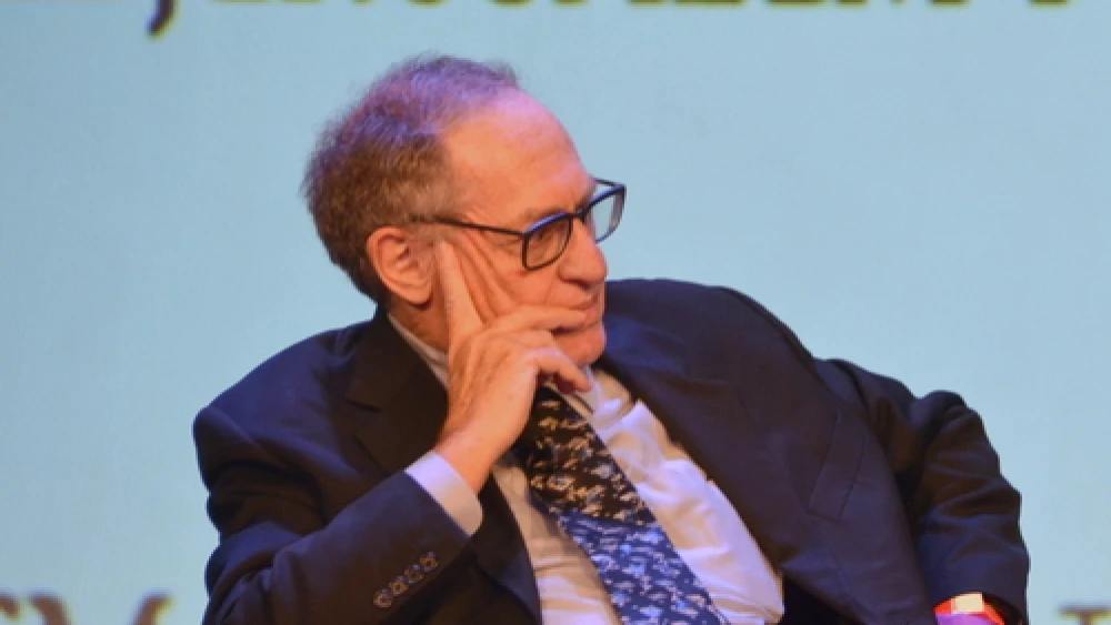 Harvard University law professor Alan Dershowitz on stage at the second annual Jerusalem Post Conference in New York City. Dershowitz and Jerusalem Post columnist Caroline Glick sharply disagreed on a two-state solution to the Israeli-Palestinian conflict, and Dershowitz's comments were laughed at by the audience. Credit: Maxine Dovere.