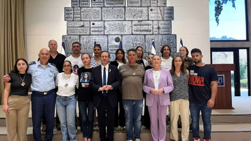 Israeli President Isaac Herzog hosts the families of five female IDF soldiers who were kidnapped on Oct. 7 from the Field Observers base in Nahal Oz by Hamas, June 4, 2024. Credit: Courtesy.