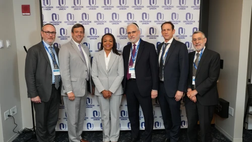 (From left) OU president Mitchel Aeder; OU Advocacy Center executive director of Public Policy Nathan Diament; U.S. Assistant Attorney General Kristen Clarke; OU executive vice president Rabbi Moshe Hauer; OU executive vice president and COO Rabbi Dr. Josh Joseph, and OU Kosher CEO Rabbi Menachem Genack. Credit: Courtesy.