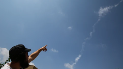View of the trail left in the sky by a Patriot missile that was fired to intercept a drone entering Israel from Syria, as seen in the northern Israeli city of Tzfat on July 13, 2018. Photo by David Cohen/Flash90.