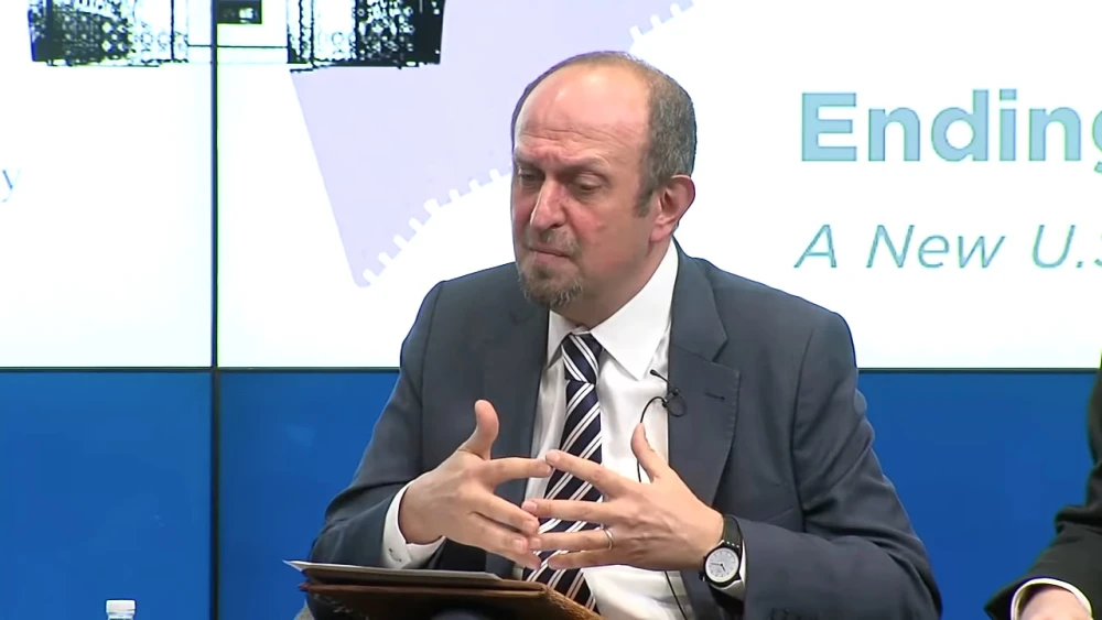 Hady Amr speaks during the presentation of a report titled "Ending Gaza’s Perpetual Crisis: A New U.S. Approach,” at the Brookings Institution, Dec. 3, 2018. Source: Screenshot.