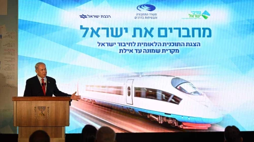 Israeli Prime Minister Benjamin Netanyahu unveils plans for the high-speed train, July 30, 2023. Photo by Haim Zach/GPO.