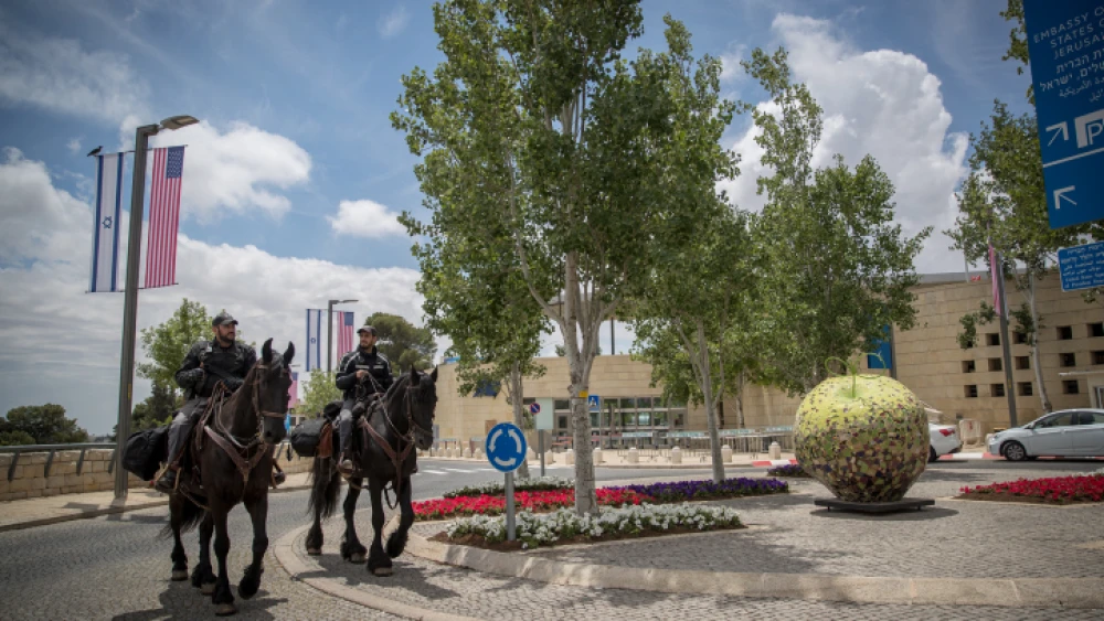 Mounted police seen in front of the U.S. Consulate in Jerusalem’s Arnona neighborhood on May 13, 2018. Photo by Yonatan Sindel/Flash90