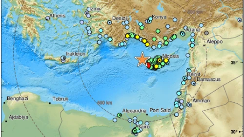 A map showing reports following a 6.6-magnitude earthquake in Cyprus on Jan 11, 2022. Source: European-Mediterranean Seismological Centre.