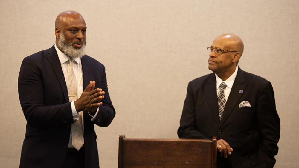 Pastor Dumisani Washington (left) and Pastor Michael Stevens (right) announce the Black Christian Leadership Council for Israel Relations and the upcoming “Unfinished Business” pastors’ trip to Israel during a press conference at the National Press Club in Washington, D.C., June 25, 2026. Credit: James Henry Brook.
