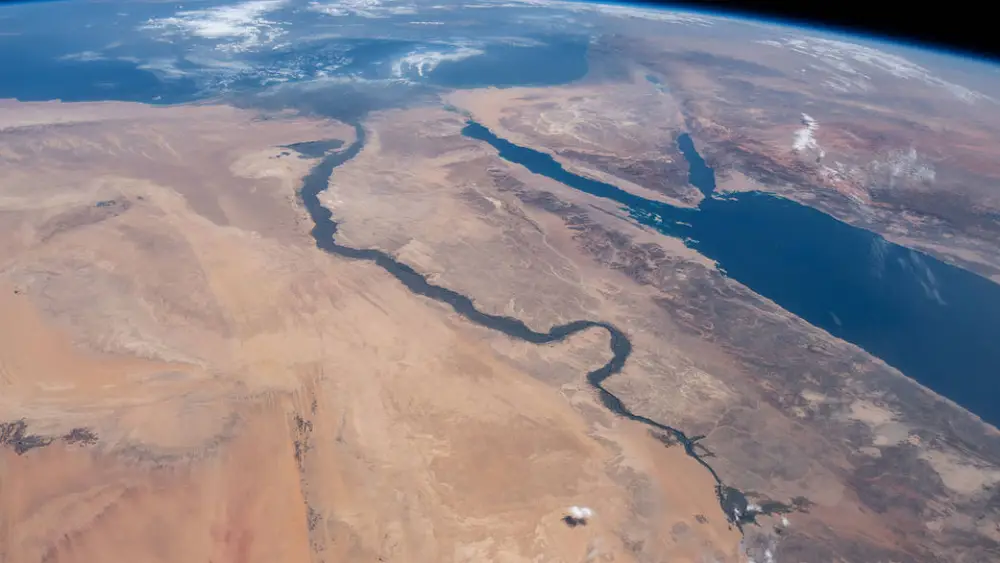 The Nile River, Red Sea and Mediterranean Sea, contrasted by the desert nations of Egypt, Saudi Arabia, Israel and Jordan, as seen from the International Space Station, June 19, 2019. Credit: NASA.