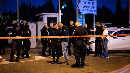 Police at the scene of a terrorist car-ramming attack at the Karkur Junction, Feb. 27, 2025. Photo by Itay Cohen/Flash90.