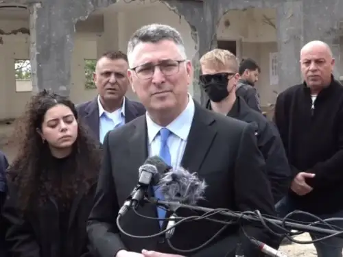 Israeli Foreign Minister Gideon Sa’ar makes a statement to the international media from the site of the Iranian missile strike in Zarzir, March 15, 2026. Credit: GPO.